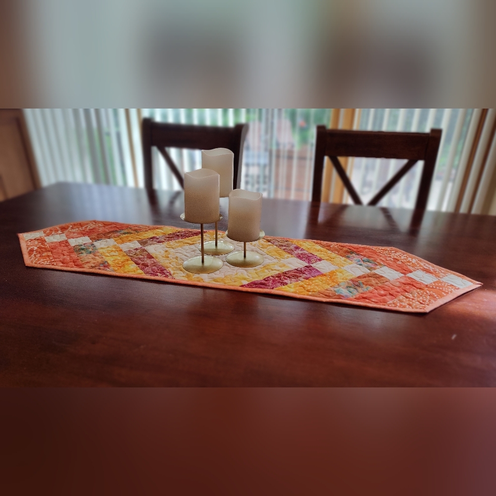 Tangerine Treasure! NEW HANDMADE Quilted Batik Table Runner - 12" X 46" - Picture 2 of 10